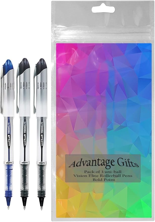 Vision Elite Rollerball Pens, Bold Point (0.8mm), Black/Blue Ink, 3 count, Bundle with Plastic Reusable Pouch
