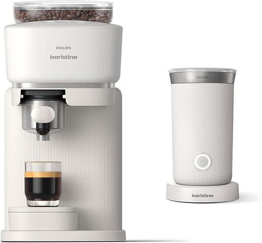 Philips Baristina Espresso Machine+Milk Frother Bundle. Real espresso. Compact coffee machine, portafilter, grinder, Cafe Crema. Dairy & Non-Dairy Milk foam. Hot & Cold. Easy Clean. White (BAR303/00)