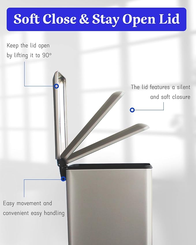 Bathroom Trash Can with Lid, 16.7L/ 4.4 Gallon Trash Can with Removable Inner Bucket, Soft Close lid, Stainless Steel Step Pedal Garbage Can for Bathroom, Kitchen, Home Office, Grey