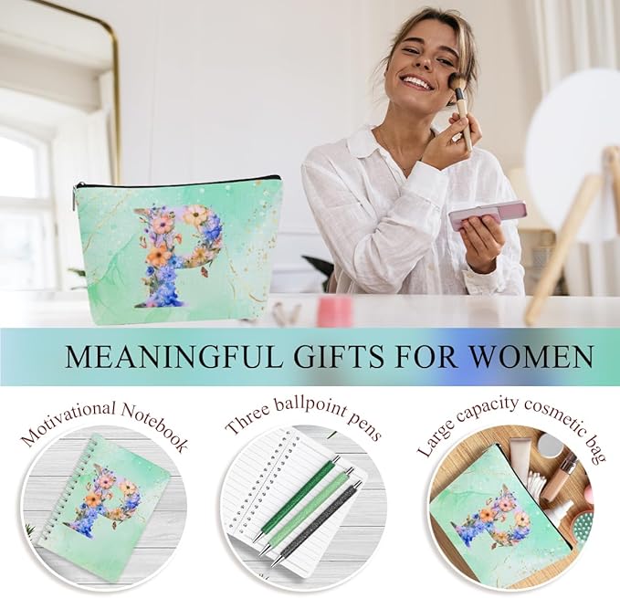 Personalized Gifts Monogrammed Birthday Gifts for Women, Mommy, Female Going Away Christmas, Initial 20 oz Tumbler, Makeup Cosmetic Bag Cup Pens Journal Notebook 6 Set, (Aesthetic Green Flower P)