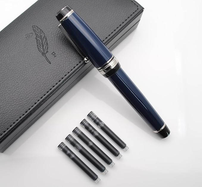 Metal Big Fountain Pen Set Medium Nib 0.7mm, Includes Ink Refill Converter, 5 Ink Cartridges & Gift Box (Medium Nib 0.7mm, Dark Blue with Silvery Clip)