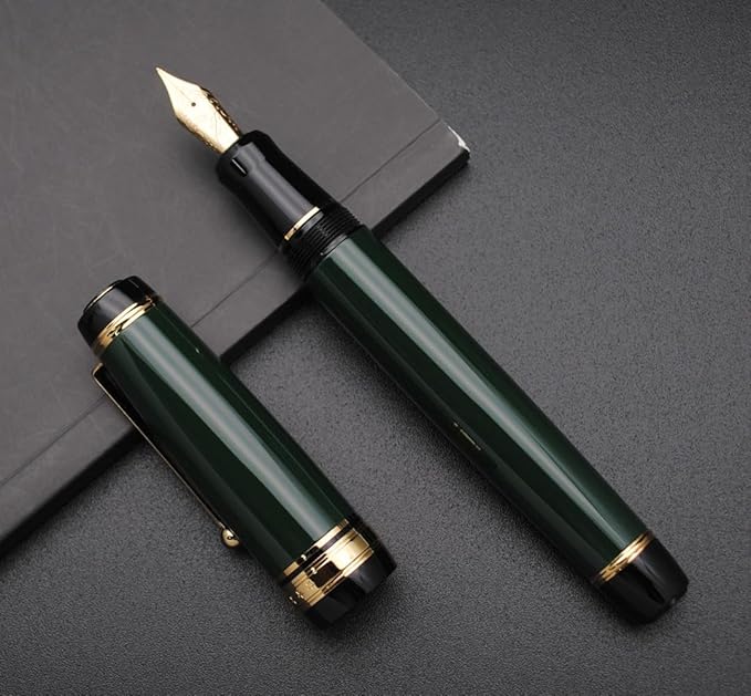 Metal Big Fountain Pen Set Medium Nib 0.7mm, Includes Ink Refill Converter, 5 Ink Cartridges & Gift Box (Medium Nib 0.7mm, Green)