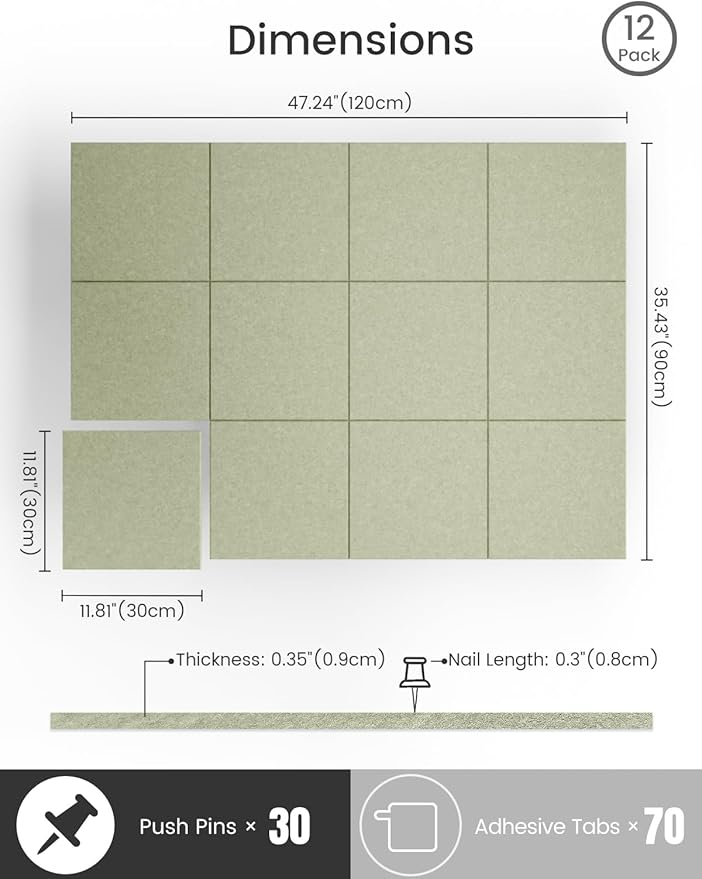 Bumusty Large Cork Board 47"x35" Alternative - 12 Pack Felt Wall Tiles with 70 Safe Removable Adhesive Tabs, 30 Pushpins, Cork Boards for Walls Pin Board Bulletin Board Office Decor (Sage)