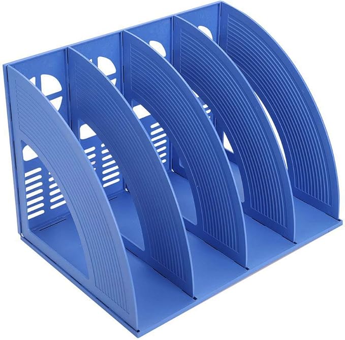 SAYEEC File Holder Storage Folder 4 Compartment Standing Desktop Hollow Organizer Blue Files Shelf Frame Thicken Plastic Paper Notebook Magazine Bookstore for Office School Supplier Students
