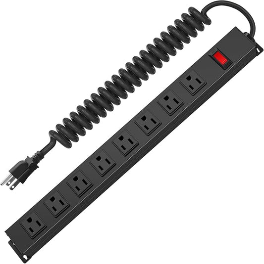 HHSOET 8 Outlet Metal Wall Mount Power Strip, Mountable Outlet with Switch, Heavy Duty Wide Spaced Surge Protector, 4 FT SJT 14AWG Black Spring Cord.