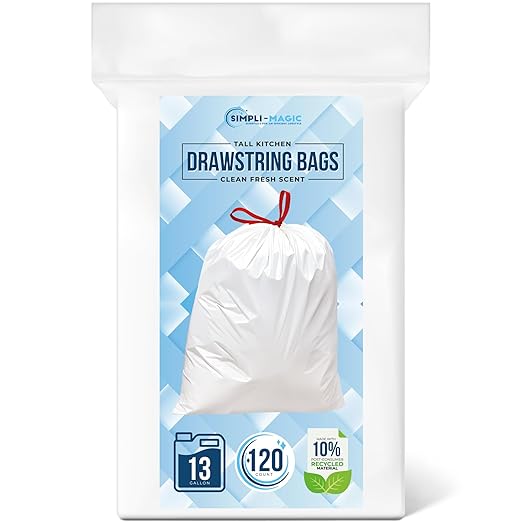 SIMPLI-MAGIC 13 Gallon Drawstring Trash Bags, 120 Pack – Tall Kitchen Garbage Bags, Custom Made with Premium Materials (White)