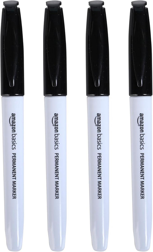 Amazon Basics Fine Tip Point Permanent Markers for Office, School, and Home Use, Black, 4 Pack
