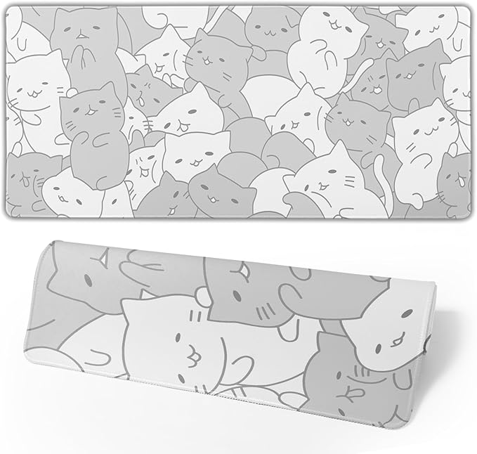 White Kawaii Cats E-Sport Mouse Pad Large Desk Mat Non-Slip Rubber Base Stitched Edge Keyboard Mouse Pad for Office Home E-Sport Computer Laptop, 31.5×11.8 Inches