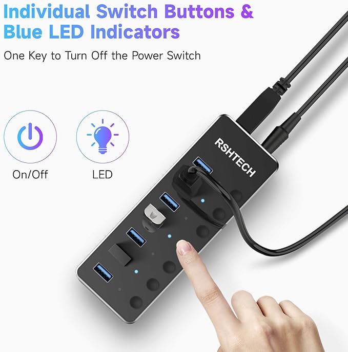 Powered UBS Hub, RSHTECH 7 Port USB 3.0/USB C Hub Upgraded Version Aluminum USB Splitter with 2-in-1 USB Cable,5V 3A Power Adapter and Individual Switches, USB Port Expander for Laptop/PC, RSH-ST07