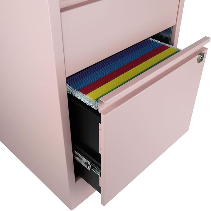 Bisley 3-Drawer Flush Front Vertical File Cabinet - Palest Pink, 2 Utility Drawers + 1 Hanging File Drawer, Powder-Coated Steel, Locking Bottom Drawer