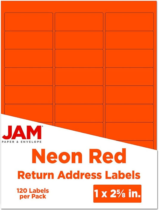 JAM PAPER Return Address Labels - Standard Mailing - 1 x 2 5/8 - Neon Deep Red/Orange - 120 Shipping Labels/Pack