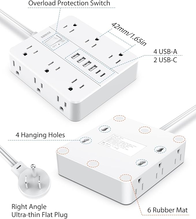 Power Strip Surge Protector 20ft Extension Cord,SMNICE Flat Plug with 12 Outlets 6 USB(2 USB C),Surge Protector Charging Station with Overload Protection for Home, Dorm,Office
