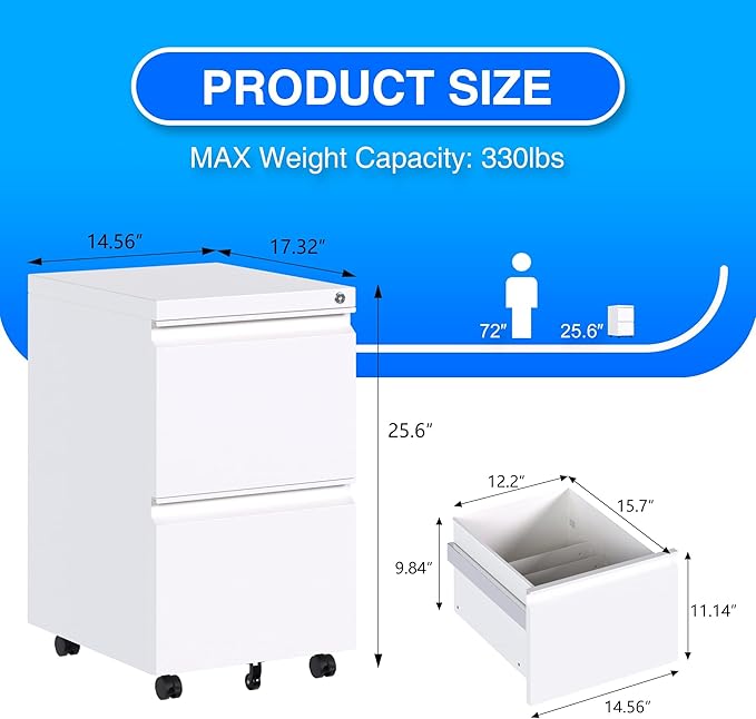 Aobabo 2 Drawer File Cabinet with Lock,Metal Filing Cabinet with Wheels for Home Office & Business Enterprise, Legal/Letter Size, Fully Assembled Except Wheels, White