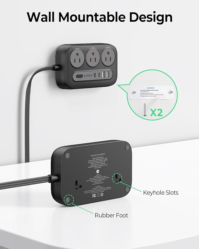 ORICO Surge Protector Power Strip, Multiple Outlets Extension Cord with 6 AC Outlets 2 USB-A and 2 USB-C Ports, 10 ft Long Flat Plug Power Strip, Mountable Outlet Extender for Dorm/Office/Home- OG