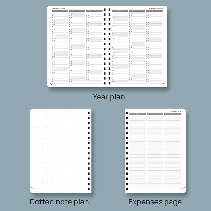 POPRUN 2026 Planner (Medium Size 8.5'' x 6.25'' Wire-Bound Hard Cover) Daily Weekly and Monthly Calendar - Agenda 2026 (Jan.2026-Dec.2026) with Hourly Schedule, Monthly Tabs - Haze Blue