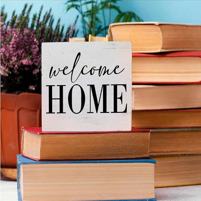 HTBIG Welcome Home Sign Home Decor Desk Decor Wooden Box Sign Rustic Black Wood White Plaque Box Sign for Women Family Friends Farmhouse Living Room Kitchen Bedroom Shelf Table Decoration