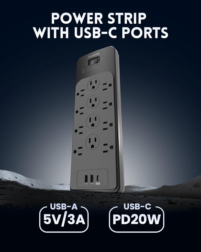 Surge Protector Power Strip 5FT(4080J), Black Surge Protector with 12 Outlets - Spacious Design for Large Plugs, Flat Plug, 20W USB C Charging for Home, Office, ETL Listed