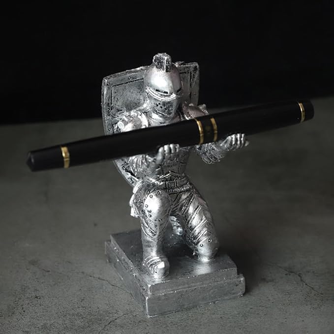 Resin Soldier Shield Knight Decor Statue Pen Holder Base for Desk, Desktop Organizer Pencil Stand Display for Office, School, Home, as Gift for Men Father