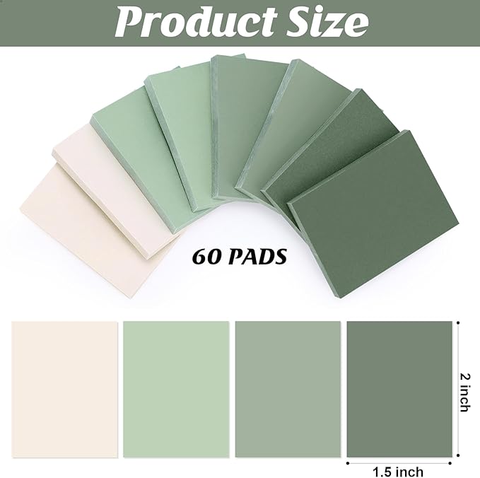 Fainne 60 Pads Sticky Notes Bulk 1.5 x 2 Inch Mini Self Stick Note Small Assorted Bright Colors Paper Memo for Office School Notebook Supplies 50 Sheets/pad (Simple Style,Green Series)