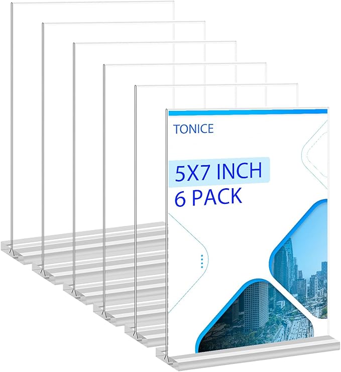 TONICE Acrylic Sign Holder 5 x 7 inch 6 Pack Double-Sided Plastic Sign Holder Stand Vertical Display Table Top Sign Holder for Office, Restaurants, Store, Wedding, Party