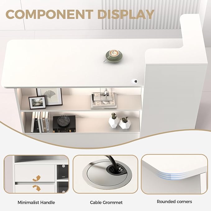 Modern Reception Desk with LED Lights - 59" Front Desk Reception Counter with Dual Display Shelves & Hidden Cable Management, Lockable Drawer & Storage Cabinet for Office, Salon, Spa, Retail, Right