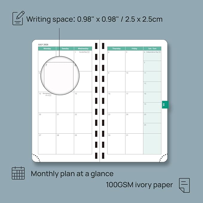 POPRUN 2026 Pocket Planner (Slim Size 3.5" x 6.5") Weekly and Monthly Calendar for Purse, with Hourly Time Slots, 100GSM Thick Paper, Spiral Soft Cover, Pen Holder - Burgundy Red