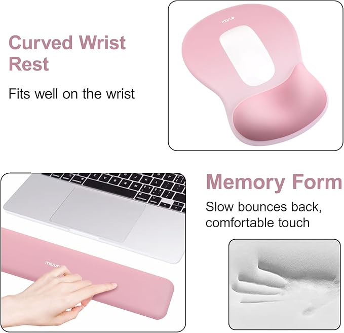 MOSISO Wrist Rest Support for Mouse Pad&Keyboard Set, Ergonomic Mousepad with Concave Curved Memory Foam, Non-Slip Base Pain Relief Comfortable Rectangular Easy Typing Pad for Home/Office, Pink