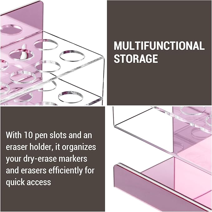 MyGift Dry Erase Marker Holder 10 Slots Whiteboard Marker Holder For Wall Dry Erase Eraser Holder Wall Mount Rose Pink