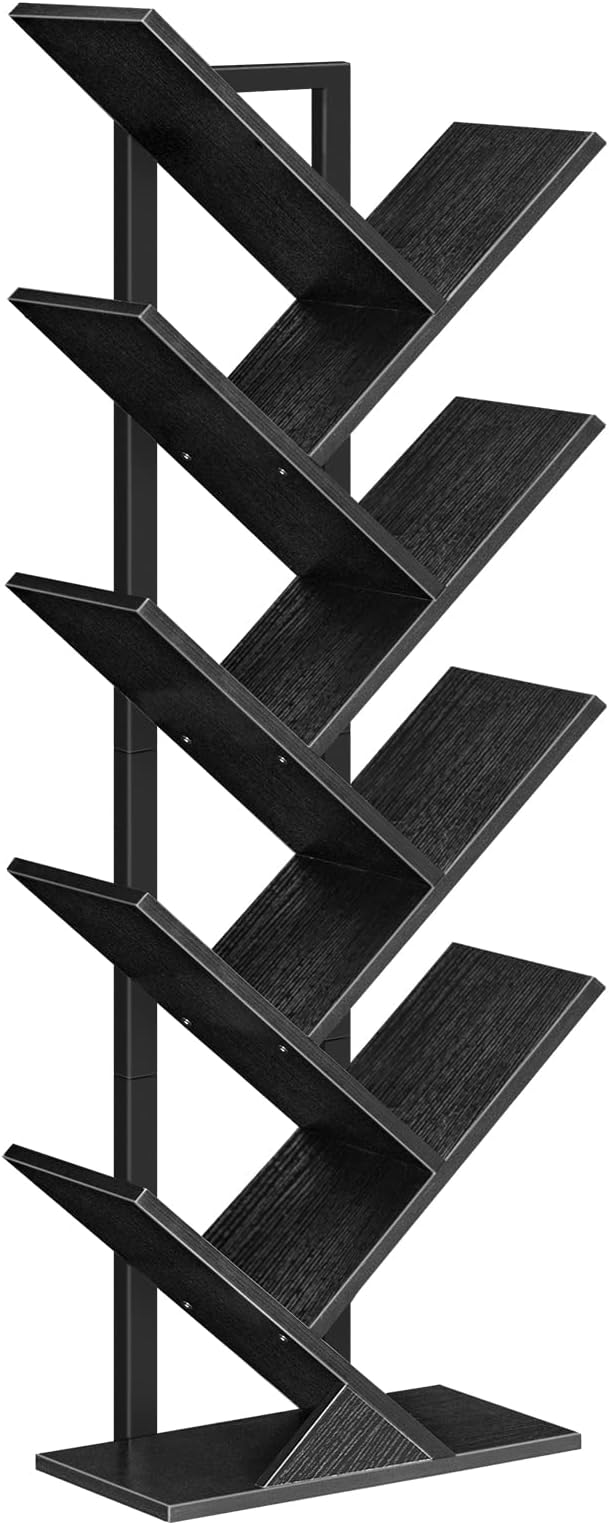 HOOBRO Tree Bookshelf, 9-Tier Bookcase Wooden Shelves, Floor Standing Storage Rack, for Display of CDs, Books in Living Room, Home Office, Wood Storage Rack for Bedroom, Black BB08SJ01G1