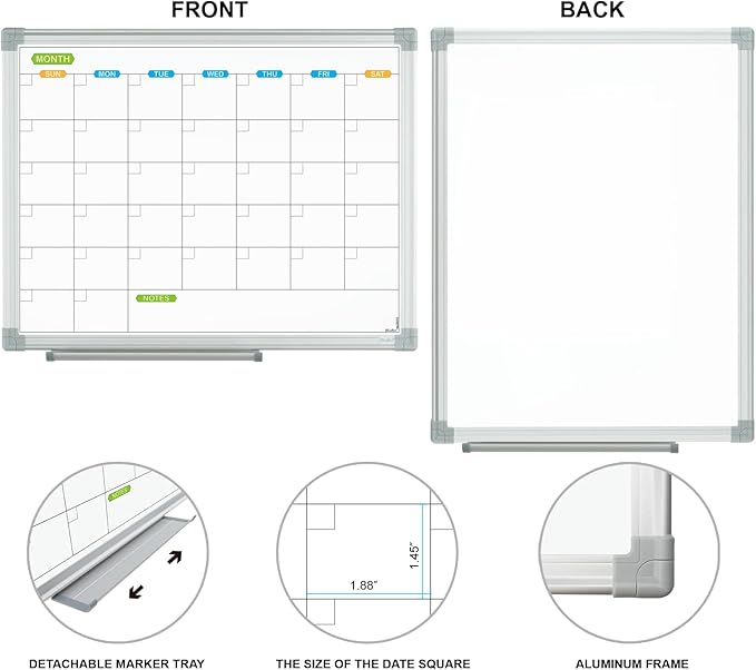 JILoffice Monthly Dry Erase Calendar Whiteboard 15 x 12 Inch, Double Sided Hanging Dry Erase Board/Calendar Board, Silver Aluminum Frame Portable Board for Office Home and School