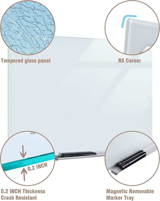 Magnetic Glass Whiteboard，24"x18" Wall Mounted Frameless Dry Erase Board for Office, Home & School White
