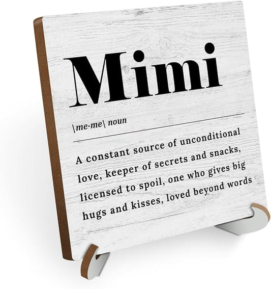 Mimi Definition Wood Sign Desk Decor Funny Grandma Gifts Rustic Office Cubicle Decor Plaque with Wooden Stand Farmhouse Positive Office Desk Accessories for Home Table Shelf Centerpieces Mothers Day