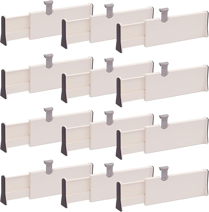 DIOMMELL 12 Pack Adjustable Plastic Drawer Dividers, White, 4"H x 11"-17"L, Expandable Organizers for Kitchen, Bedroom, Closet, Bathroom & Office Drawers