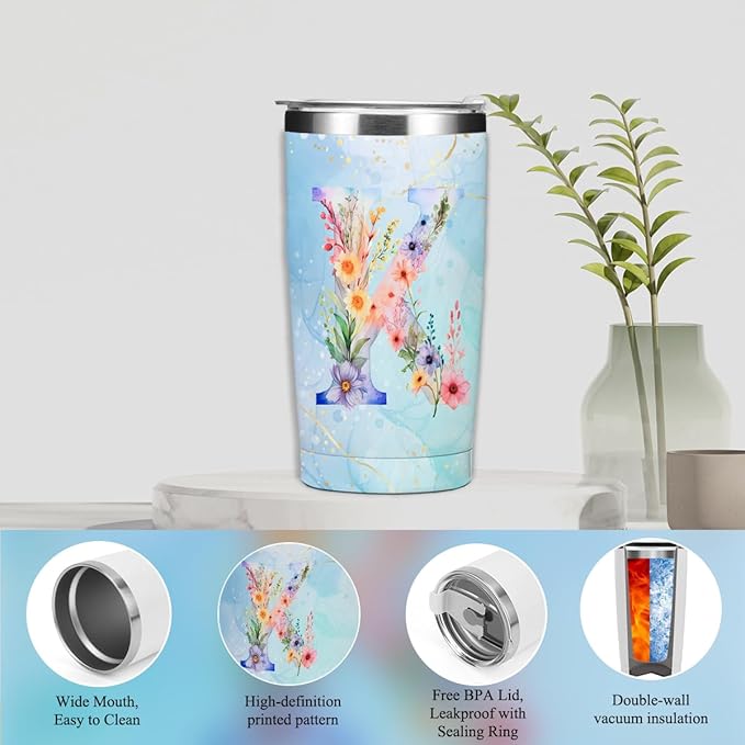 Personalized Gifts Monogrammed Birthday Gifts for Women, Soul Sister Bachelorette Party Wedding Christmas Initial 20 oz Tumbler, Makeup Bag Cup Pens Journal Notebook 6 Set, (Aesthetic Blue Flower K)