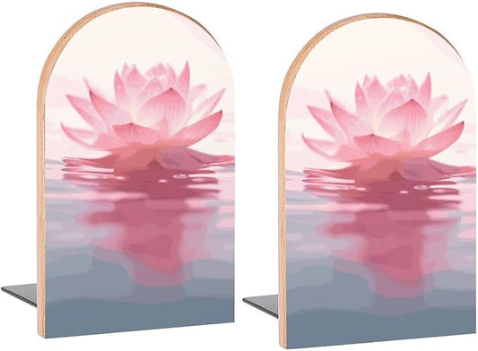 Beautiful Pink Lotus Book Ends Decorative Wood Bookends for Shelves Kids Room Desk Home Office Book Stoppers for Magazines,Books, DVDs, 1 Pair/2 Pieces(5x3.1 in)