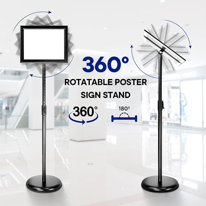 SENZHIYI Heavy Duty Poster Sign Stand Holder Adjustable Snap Open Aluminum Pedestal Floor Sign Holder Standing Vertical and Horizontal View Sign Displayed (Black, 8.5x11inches 2packs