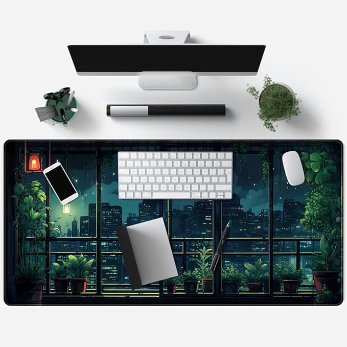 Extended Army Blue Desk Mat Window Plant Bonsai Green Animes Pad Large Mousepad Gaming XL Computer Mat Office Decor for Women Large Desktop Mat Laptop Keyboard Mousepad for Desk 31.5x15.8in