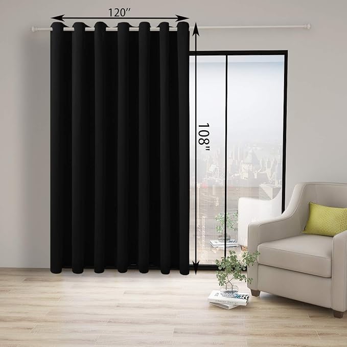 BONZER Extra Wide Room Divider Curtain Total Privacy Wall Noise Reducing Blackout Curtains for Patio Sliding Glass Door, 108L x 120W Inch (9L x 10W ft), 1 Panel, Black