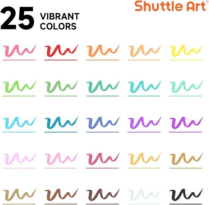 Shuttle Art Dual Tip Brush Marker Pens, 25 Colors Water-based Ink, Fine and Brush Tip Marker Set with 1 Coloring Book for Kids Adult Artist Calligraphy Hand Lettering Journal Doodling Writing