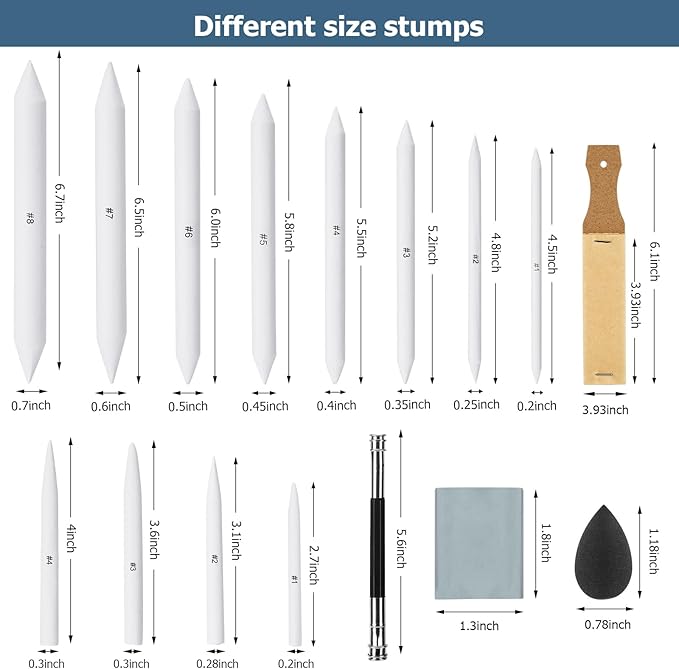 AGPTEK 48 PCS Sketch Drawing Tools, 20 Blending Stumps Set and 2 Sandpaper Pencil Sharpeners, Pencil Extension, Erasers,20 sponge replacement heads & 1 Felt Bag for Student Sketch Drawing Accessories