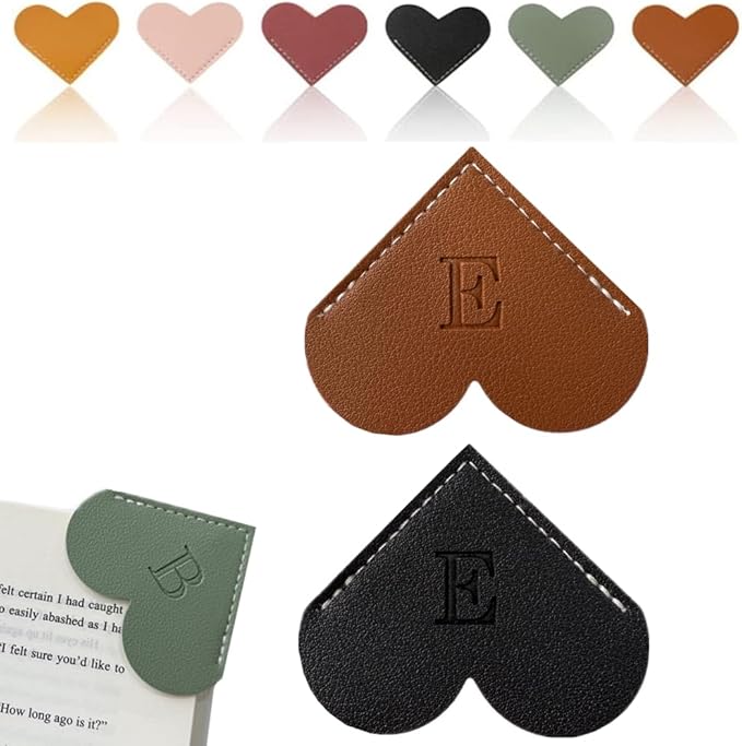 Personalized Leather Heart Bookmark, 26 Letters Customized Corner Book Mark for Reading Women, Book Marker with Initials，Cute Gifts (Black+Dark Brown, E)