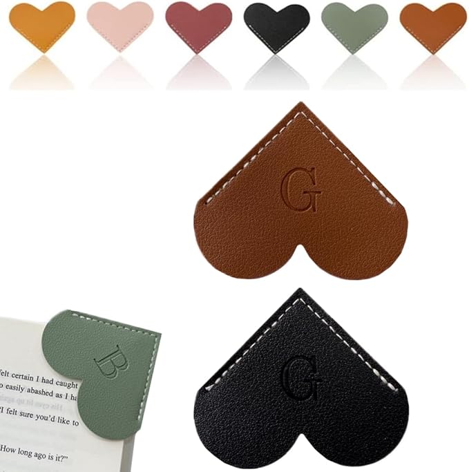 Personalized Leather Heart Bookmark, 26 Letters Customized Corner Book Mark for Reading Women, Book Marker with Initials，Cute Gifts (Black+Dark Brown, G)