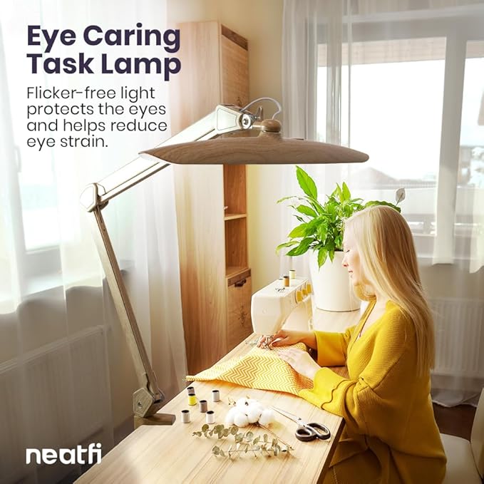 Neatfi XL 2,200 Lumens LED Task Lamp, 24W Super Bright Desk Lamp, 117 Pcs SMD LED, 4 Level Brightness, Dimmable, Task Light for Home, Office, Workbench (Non-CCT, Brown Wood)