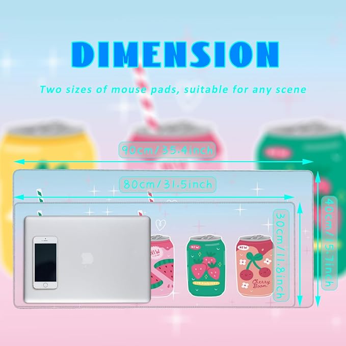 Desk Mat, Kawaii Fruit Flavors Sparkling Soda Drink Extended Gaming Mouse Pad Large, 31.5"x11.8" Big Mouse Pad with Non-Slip Base and Stitched Edge, Long Computer Keyboard Mouse Mat for Home Office