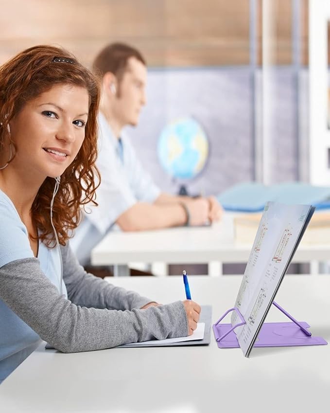 MSDADA Book Stand Metal Reading Rest Book Holder Adjustable Cookbook Documents Holder Portable Sturdy Bookstands for Recipes Textbooks with Page Clips Birthday Gifts for Girls Mom Students(Purple)