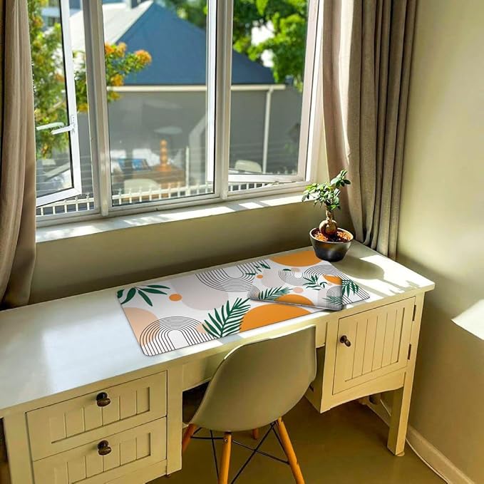 iCasso Extended Gaming Mouse Pad (35.4x15.7 in), Large 3mm Non-Slip Rubber Base Mousepad with Stitched Edges, Waterproof Keyboard Mouse Mat Desk Pad for Work, Game, Office, Home-Elm Leaf