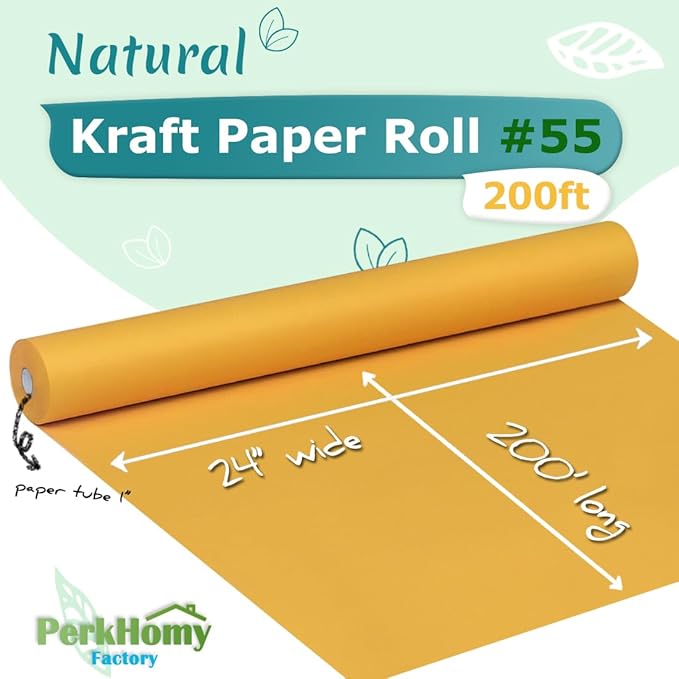 PerkHomy 24" x 2,400" (200') Orange Kraft Paper Roll for Craft Bulletin Board Paper Art Table Covering Crafting Gift Wrapping Bouquet Packing Parcel 80GSM 55LB (Orange, 24" x 200')