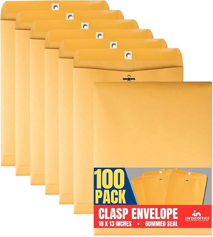 1InTheOffice Clasp Envelopes 10x13, Catalog Envelopes, Heavy-duty Clasp and Gummed Closure, Brown Kraft, 100/Pack