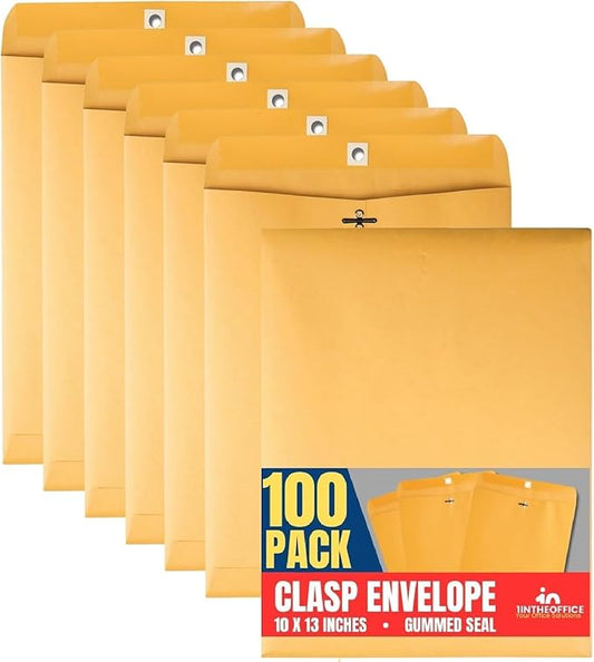1InTheOffice Clasp Envelopes 10x13, Catalog Envelopes, Heavy-duty Clasp and Gummed Closure, Brown Kraft, 100/Pack