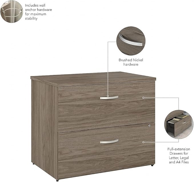 Bush Business Furniture Hybrid 2 Drawer Lateral File Cabinet-Assembled, Modern Hickory
